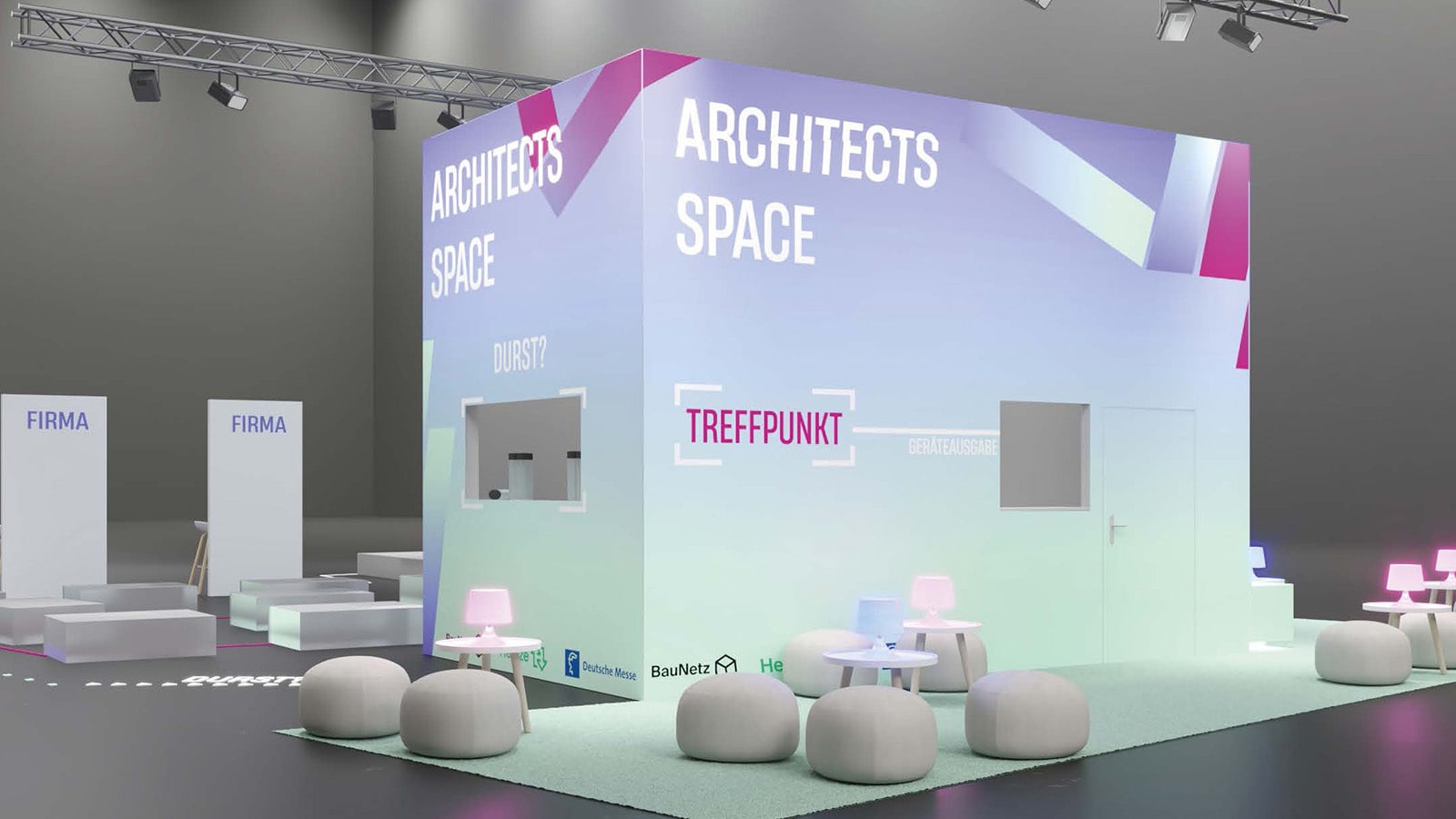 Visualization of a modern trade fair area labeled “Architects Space.” At the center is a light-colored cubic meeting point with seating, small tables, and colored lamps. Words such as “Treffpunkt” and “Durst?” are displayed on the walls. The space appears open, calm, and designed for networking and exchange.