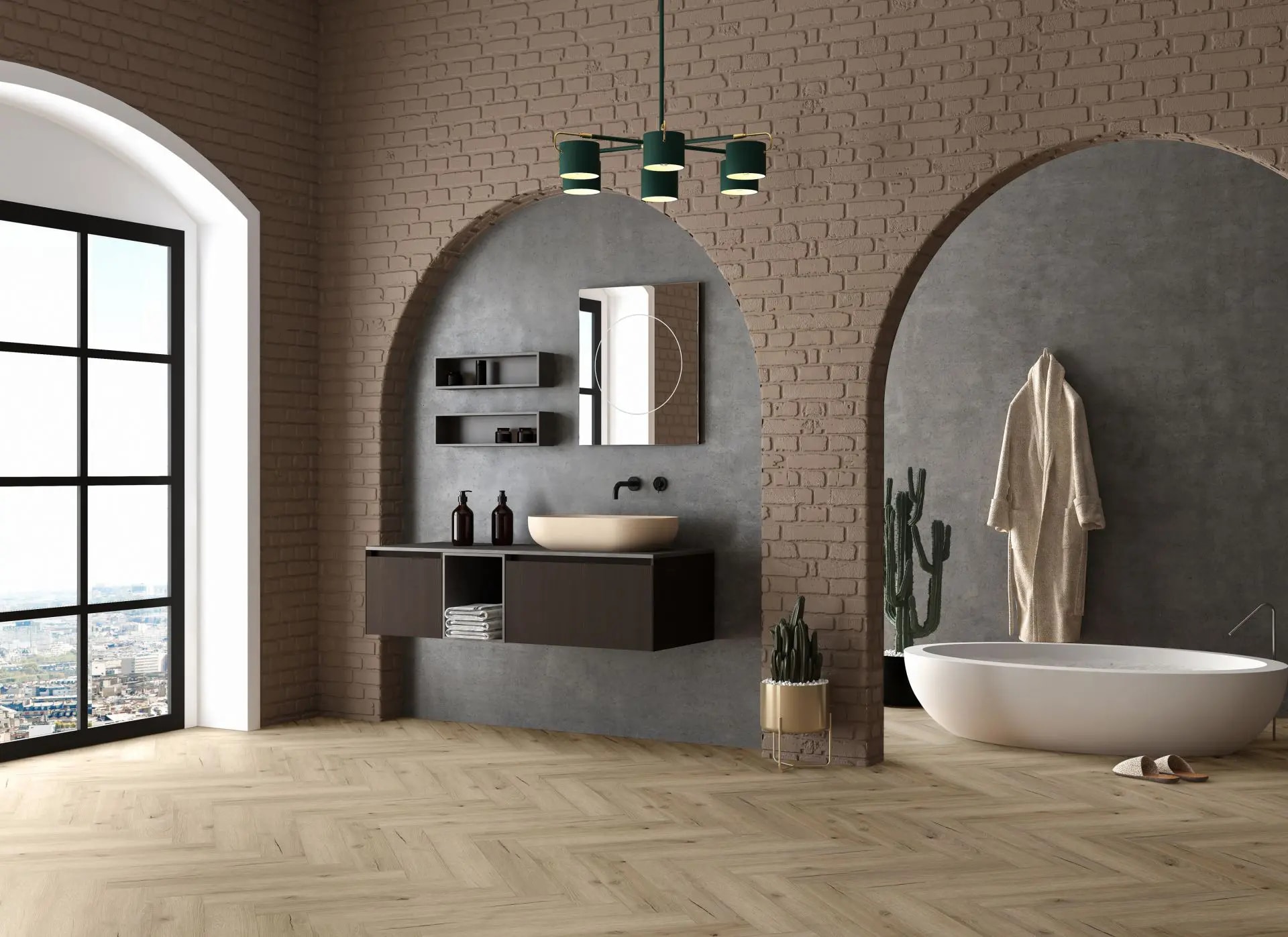 Visualization of a modern bathroom featuring brick arches, a freestanding bathtub, and a wall-mounted vanity unit. The floor is designed with a light herringbone wood pattern. Subtle colors, natural materials, and clean lines create a high-quality, contemporary interior design.
